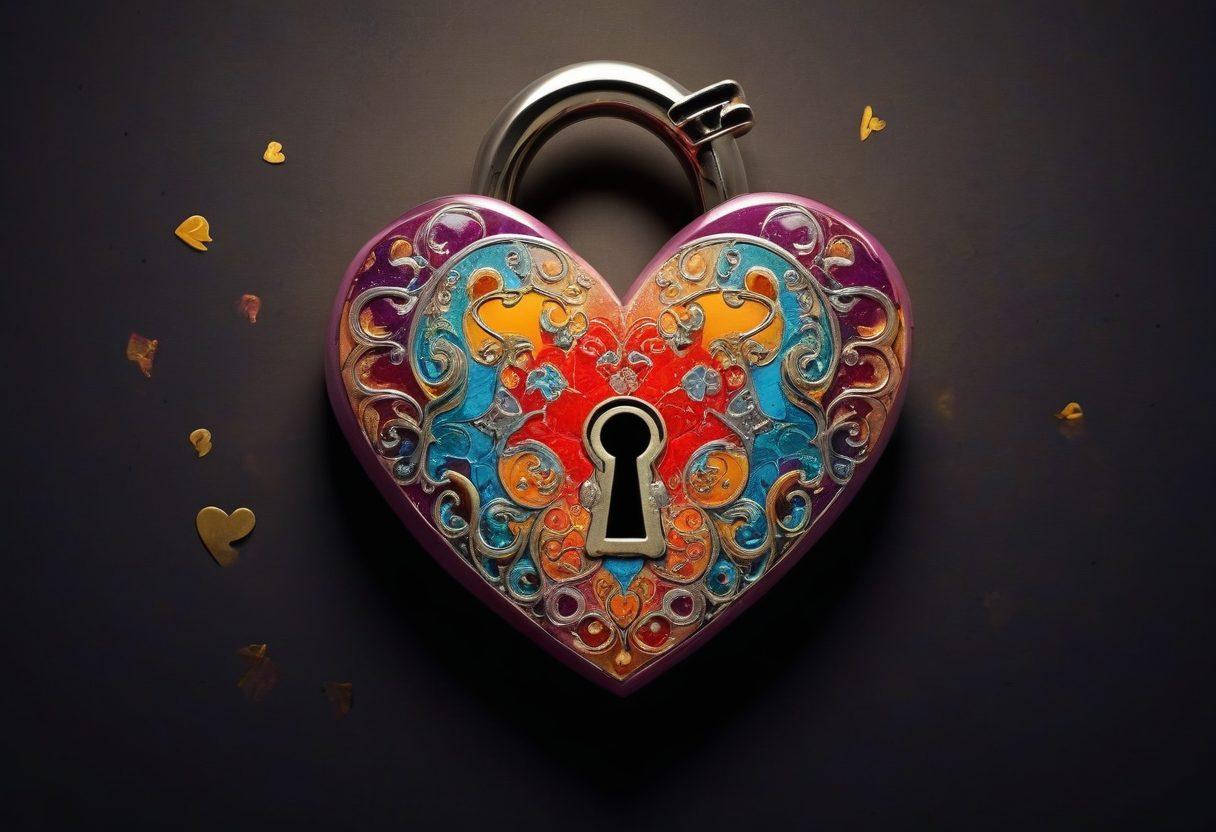 A mysterious key unlocking a heart-shaped padlock, surrounded by alluring silhouettes representing adult content. Ethereal light emanates from the padlock, casting vibrant colors across a dark background. Include elements like abstract shapes and subtle sensual patterns to enhance intrigue. Emphasize a modern, edgy feel. super-realistic. vibrant colors. dark background.