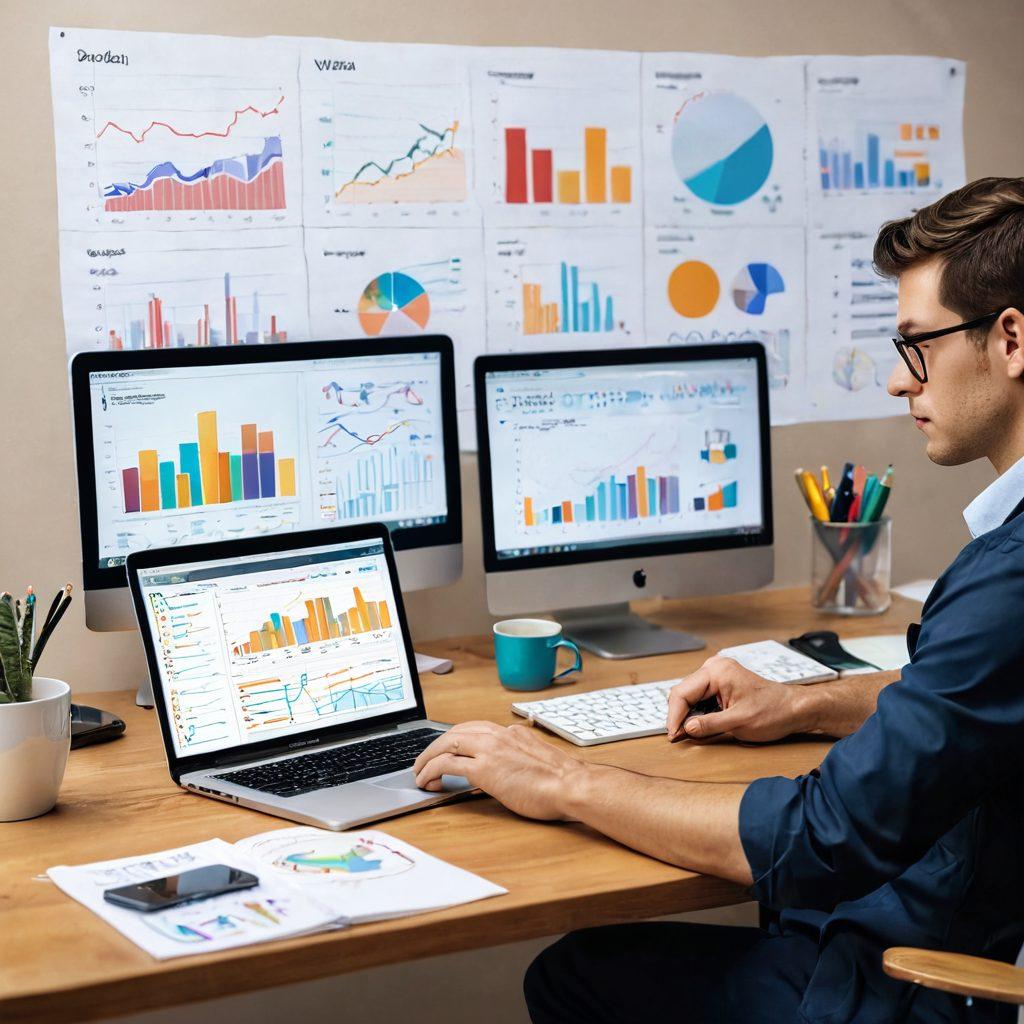 A thoughtful person sitting at a desk, analyzing various adult hosting platform options on a laptop, surrounded by colorful charts and graphs. The scene includes a coffee mug, a notepad with notes, and a supportive ambiance with a soft light. Emphasize a sense of choice and technology. minimalistic style. vibrant colors. soft focus.